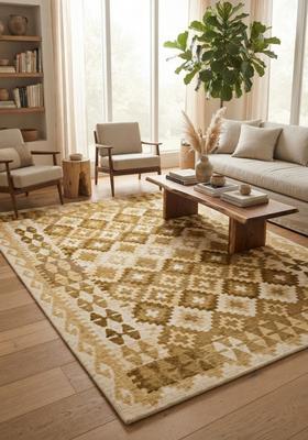 Saffron Rugs Hand Tufted Golden Beige Geometric  Rectangular Wool Area Rug
