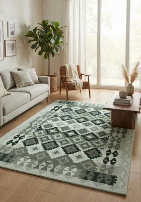 Saffron Rugs Hand Tufted Sage Green Geometric  Rectangular Wool Area Rug
