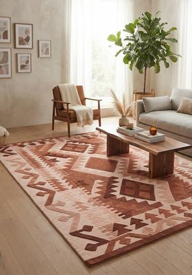 Saffron Rugs Hand Tufted Terracotta Pink Geometric  Rectangular Wool Area Rug
