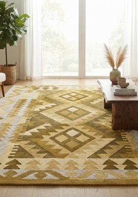Saffron Rugs Hand Tufted Golden Yellow Geometric  Rectangular Wool Area Rug