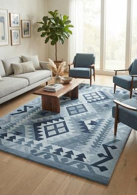 Saffron Rugs Hand Tufted Light Blue Geometric  Rectangular Wool Area Rug