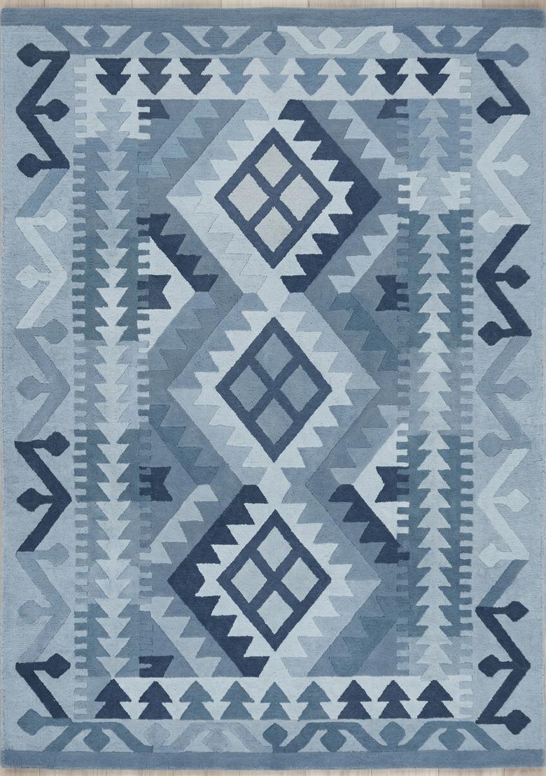 Saffron Rugs Hand Tufted Light Blue Geometric  Rectangular Wool Area Rug - Indya