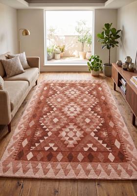 Saffron Rugs Hand Tufted Terracotta Brown Geometric  Rectangular Wool Area Rug