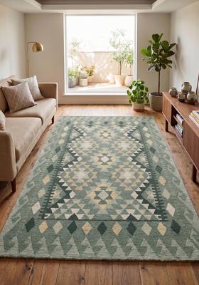 Saffron Rugs Hand Tufted Sage Green Geometric  Rectangular Wool Area Rug
