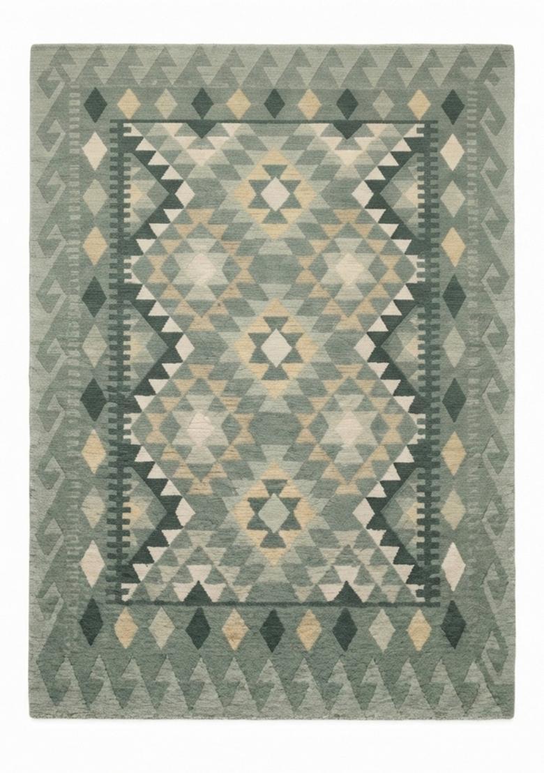 Saffron Rugs Hand Tufted Sage Green Geometric  Rectangular Wool Area Rug - Indya