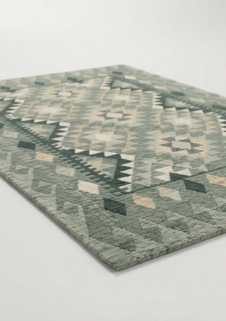 Saffron Rugs Hand Tufted Sage Green Geometric  Rectangular Wool Area Rug - Indya