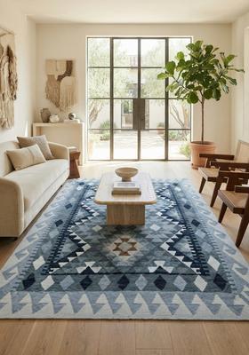 Saffron Rugs Hand Tufted Light Blue Geometric  Rectangular Wool Area Rug