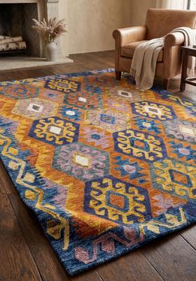 Saffron Rugs Hand Tufted Multicolor Blue Gold Geometric  Rectangular Wool Area Rug