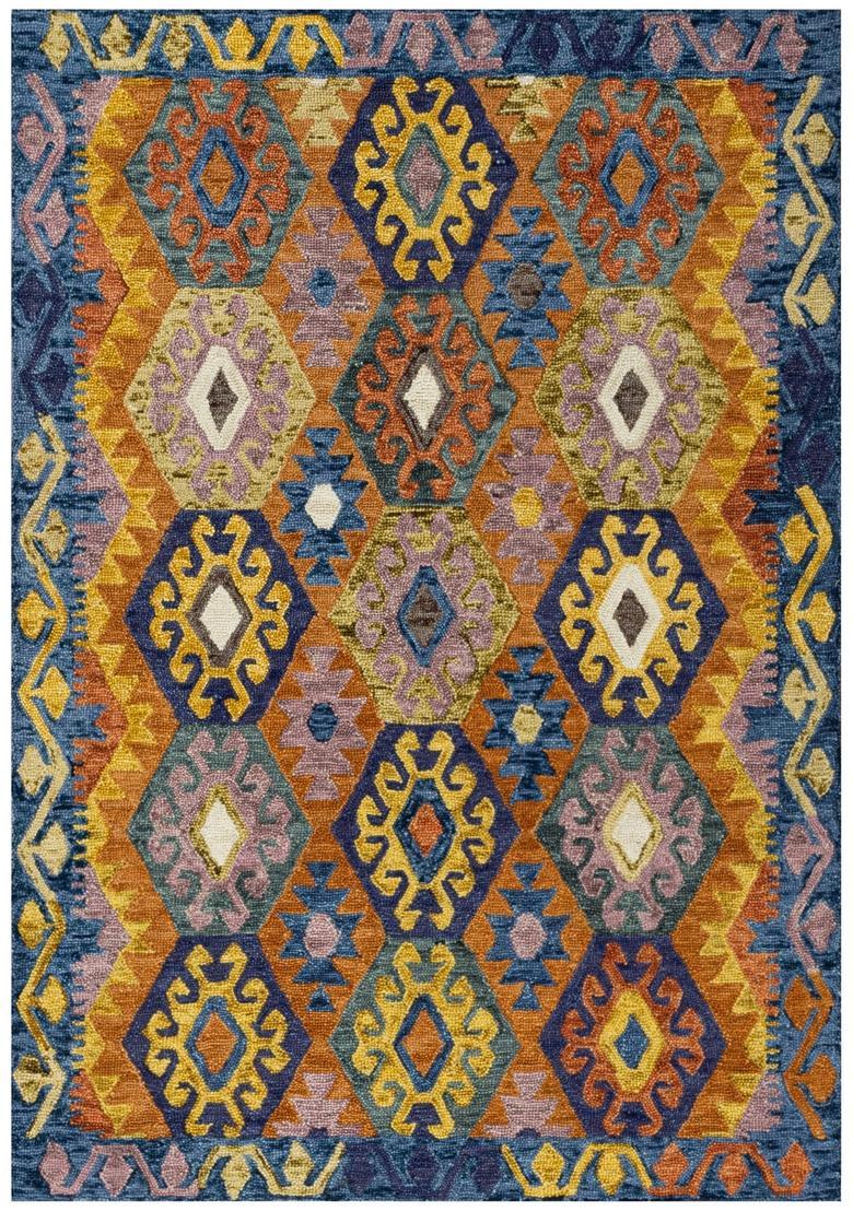 Saffron Rugs Hand Tufted Multicolor Blue Gold Geometric  Rectangular Wool Area Rug - Indya
