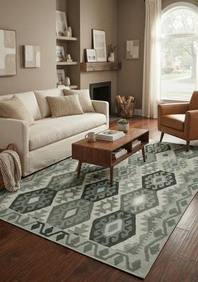 Saffron Rugs Hand Tufted Grey Green Geometric  Rectangular Wool Area Rug