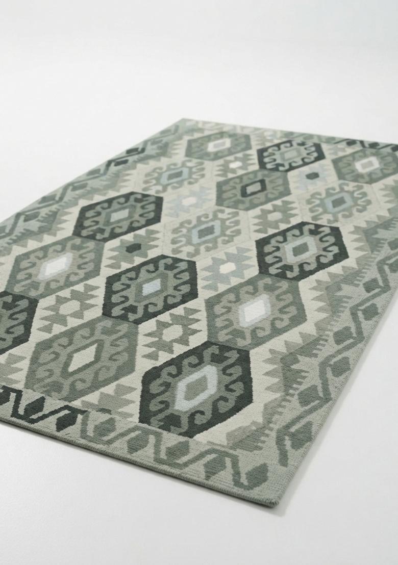 Saffron Rugs Hand Tufted Grey Green Geometric  Rectangular Wool Area Rug - Indya
