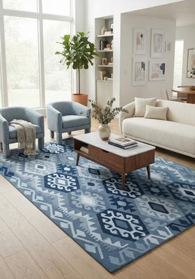Saffron Rugs Hand Tufted Steel Blue Geometric  Rectangular Wool Area Rug