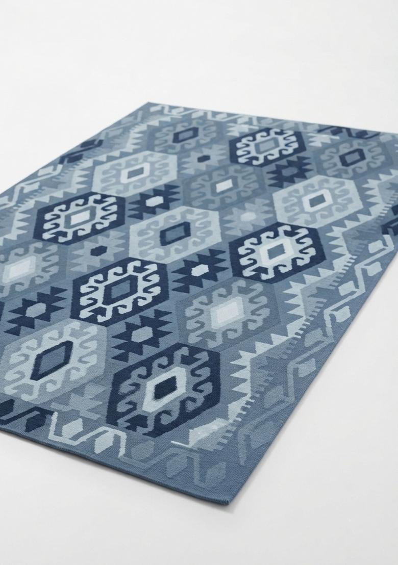 Saffron Rugs Hand Tufted Steel Blue Geometric  Rectangular Wool Area Rug - Indya