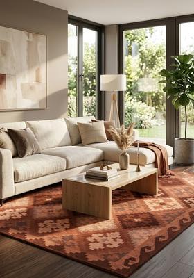 Saffron Rugs Hand Tufted Terracotta Brown Geometric  Rectangular Wool Area Rug