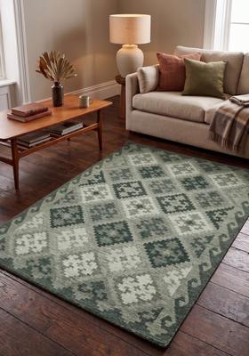 Saffron Rugs Hand Tufted Grey Green Geometric  Rectangular Wool Area Rug