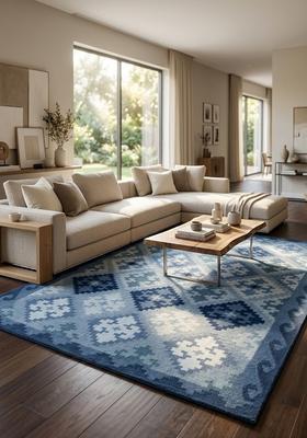 Saffron Rugs Hand Tufted Steel Blue Geometric  Rectangular Wool Area Rug