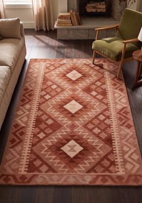 Saffron Rugs Hand Tufted Terracotta Salmon Geometric  Rectangular Wool Area Rug