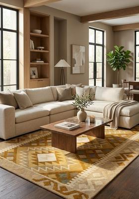 Saffron Rugs Hand Tufted Golden Yellow Geometric  Rectangular Wool Area Rug