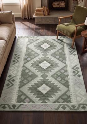Saffron Rugs Hand Tufted Sage Green Grey Geometric  Rectangular Wool Area Rug