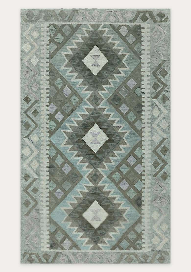 Saffron Rugs Hand-Tufted 100% Wool Area Rug | Sage Green Grey Rectangular Rug | Cotton Backing | Bohemian Geometric Carpet for Living Room - Indya