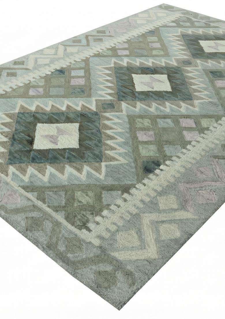 Saffron Rugs Hand-Tufted 100% Wool Area Rug | Sage Green Grey Rectangular Rug | Cotton Backing | Bohemian Geometric Carpet for Living Room - Indya