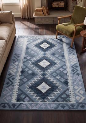 Saffron Rugs Hand Tufted Steel Blue Geometric  Rectangular Wool Area Rug