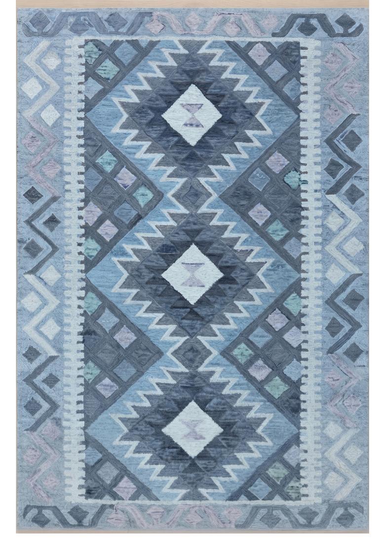 Saffron Rugs Hand Tufted Steel Blue Geometric  Rectangular Wool Area Rug - Indya