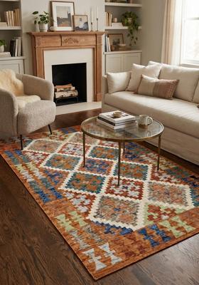 Saffron Rugs Hand Tufted Rust Orange Multicolor Geometric  Rectangular Wool Area Rug