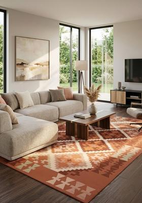 Saffron Rugs Hand Tufted Terracotta Orange Geometric  Rectangular Wool Area Rug