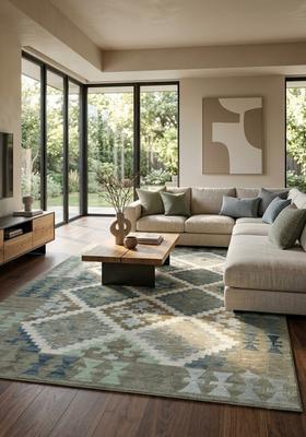 Saffron Rugs Hand Tufted Sage Grey Green Geometric  Rectangular Wool Area Rug