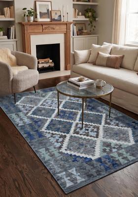 Saffron Rugs Hand Tufted Steel Blue Geometric  Rectangular Wool Area Rug