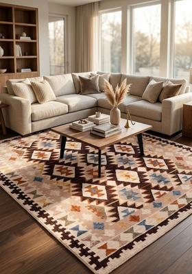 Saffron Rugs Hand Tufted Beige Multi Geometric  Rectangular Wool Area Rug