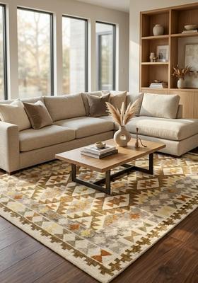 Saffron Rugs Hand Tufted Gold Brown Ivory Geometric  Rectangular Wool Area Rug