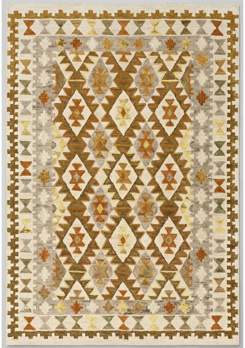 Saffron Rugs Hand Tufted Gold Brown Ivory Geometric  Rectangular Wool Area Rug - Indya