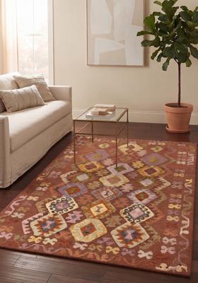 Saffron Rugs Hand Tufted Rust Terracotta Geometric  Rectangular Wool Area Rug