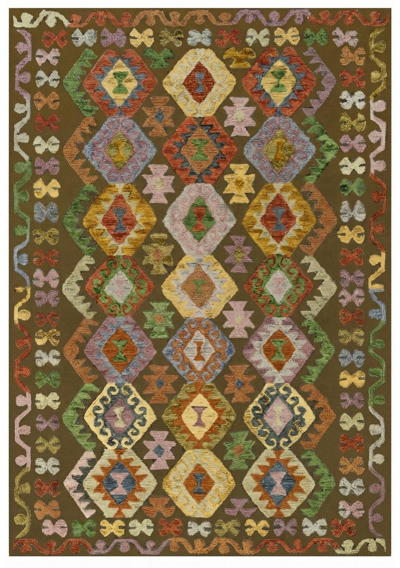 Saffron Rugs Hand Tufted Multicolor Olive Geometric  Rectangular Wool Area Rug - Indya