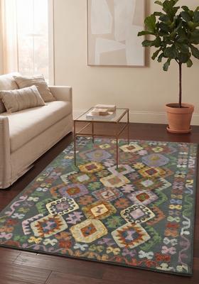 Saffron Rugs Hand Tufted Sage Green Geometric  Rectangular Wool Area Rug