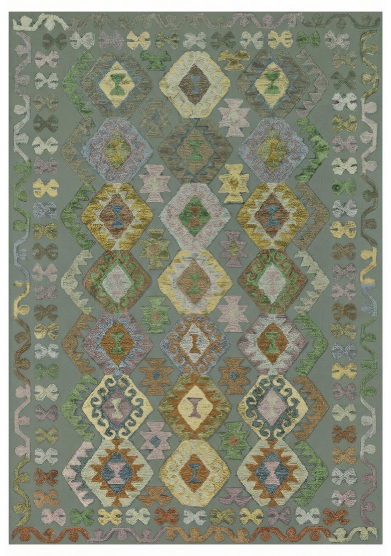 Saffron Rugs Hand Tufted Sage Green Geometric  Rectangular Wool Area Rug - Indya