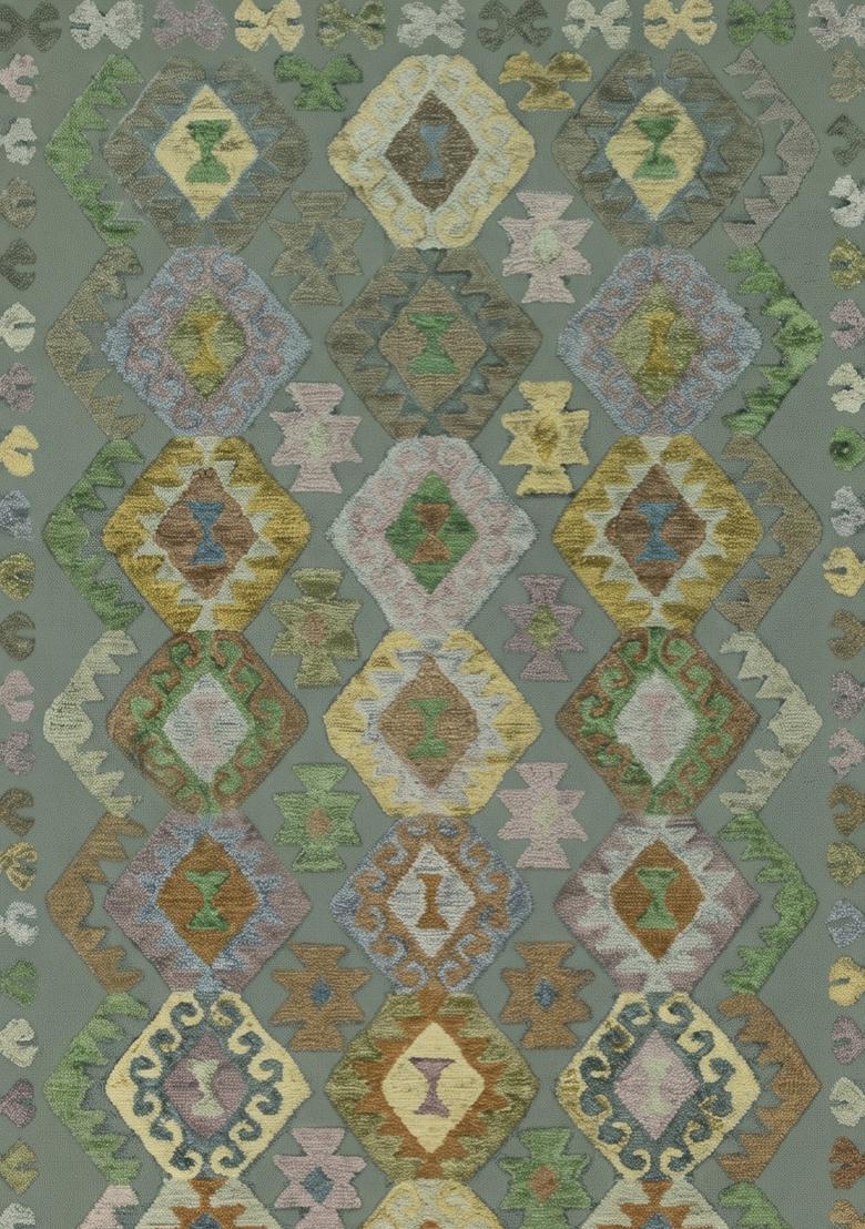 Saffron Rugs Hand Tufted Sage Green Geometric  Rectangular Wool Area Rug - Indya
