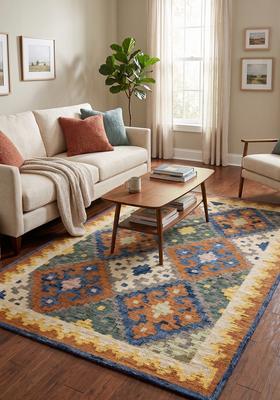 Saffron Rugs Hand Tufted Blue Orange Multicolor Geometric  Rectangular Wool Area Rug