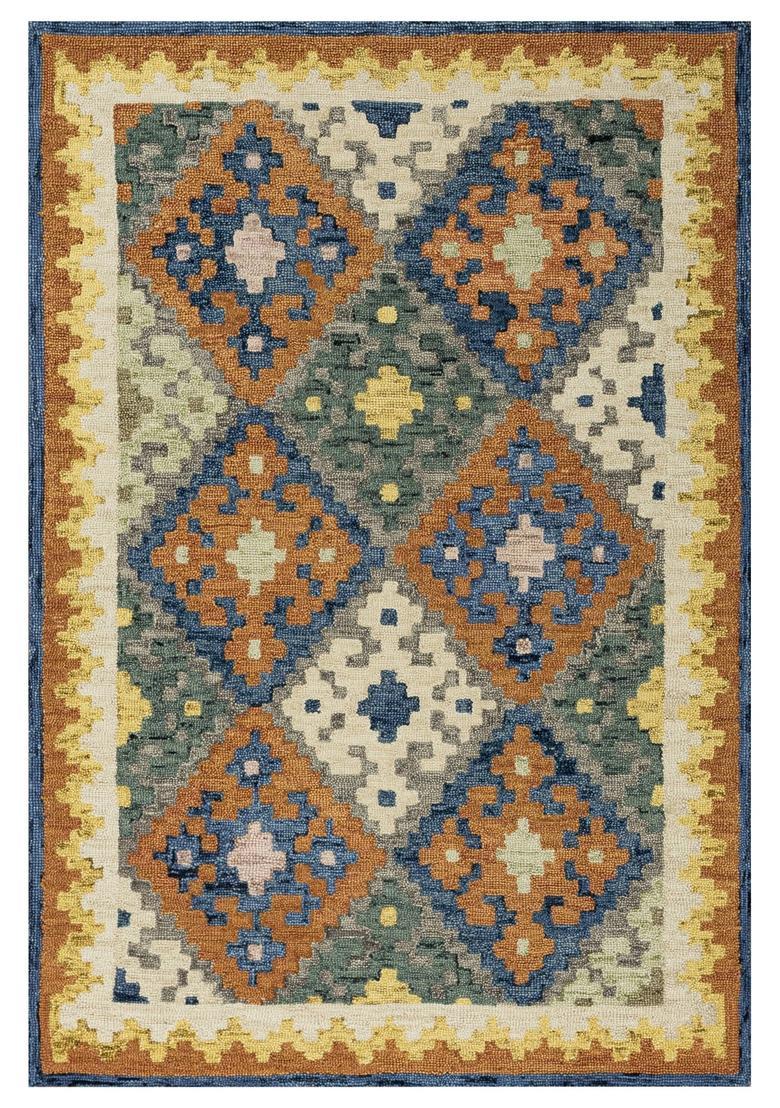 Saffron Rugs Hand Tufted Blue Orange Multicolor Geometric  Rectangular Wool Area Rug - Indya