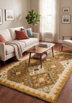 Saffron Rugs Hand Tufted Golden Brown Geometric  Rectangular Wool Area Rug