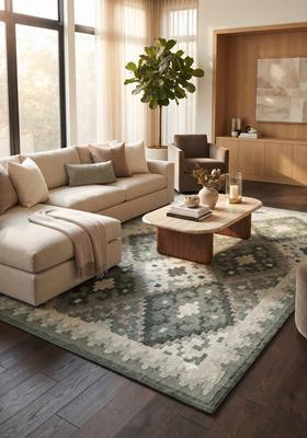 Saffron Rugs Hand Tufted Sage Grey Green Geometric  Rectangular Wool Area Rug