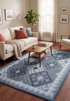 Saffron Rugs Hand Tufted Steel Blue Geometric  Rectangular Wool Area Rug