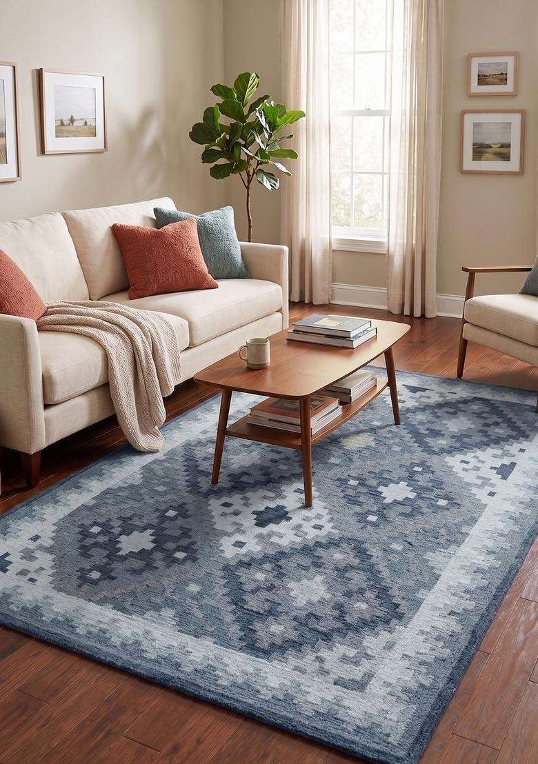 Saffron Rugs Hand-Tufted 100% Wool Area Rug | Steel Blue Rectangular Rug | Cotton Backing | Bohemian Geometric Carpet for Living Room - Indya