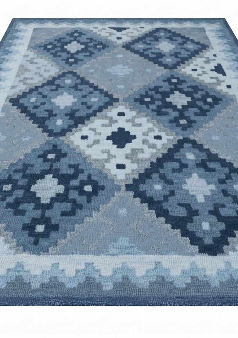 Saffron Rugs Hand Tufted Steel Blue Geometric  Rectangular Wool Area Rug - Indya