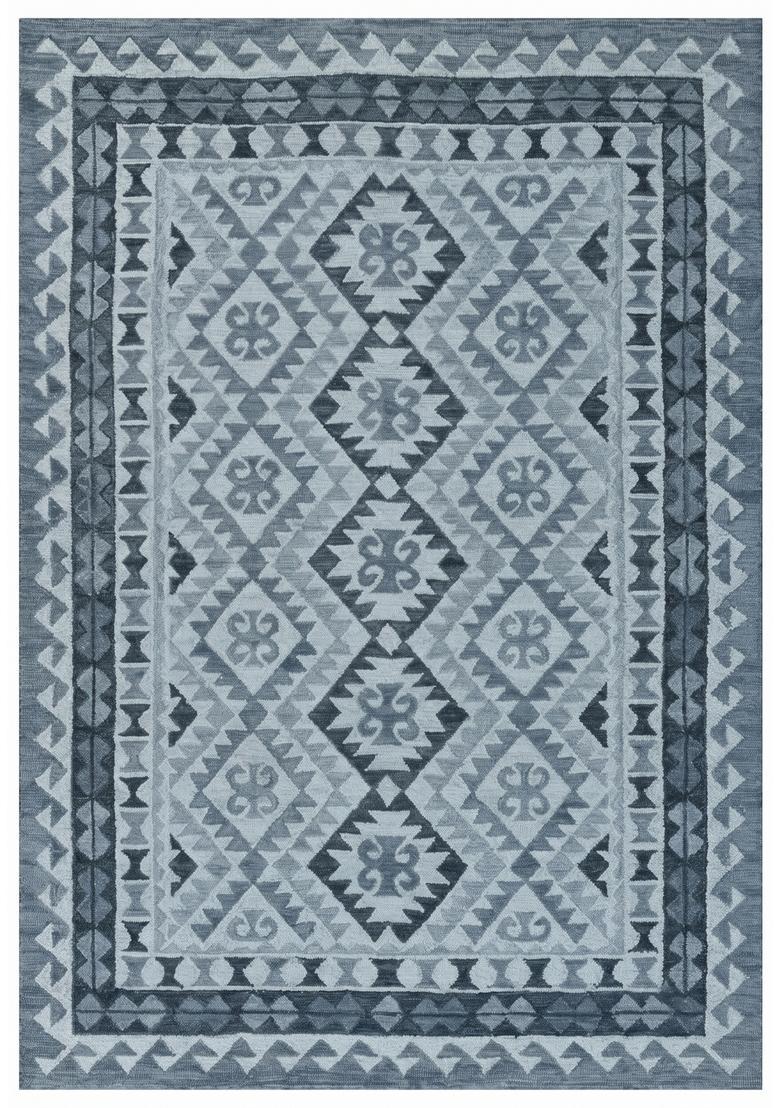 Saffron Rugs Hand Tufted Steel Blue Geometric  Rectangular Wool Area Rug - Indya