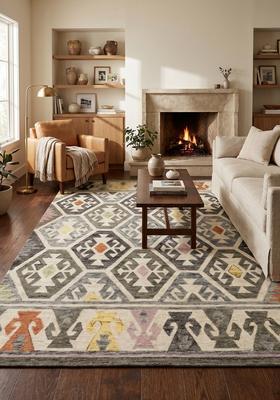 Saffron Rugs Hand Tufted Charcoal Grey Geometric  Rectangular Wool Area Rug