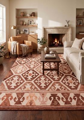 Saffron Rugs Hand Tufted Terracotta Brown Geometric  Rectangular Wool Area Rug