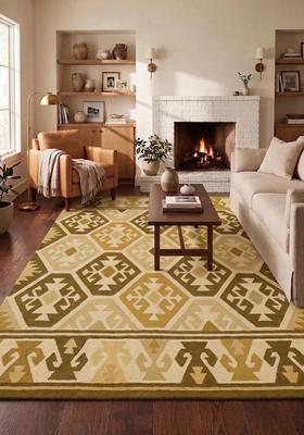 Saffron Rugs Hand Tufted Golden Beige Geometric  Rectangular Wool Area Rug